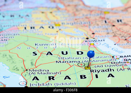 Riyadh pinned on a map of Asia Stock Photo