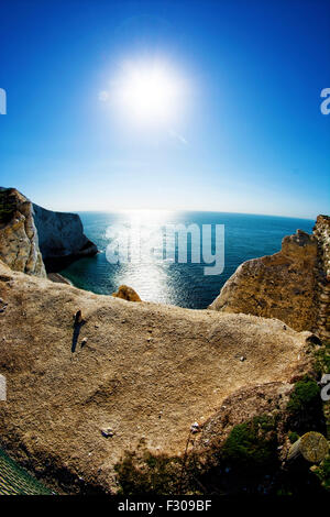 The most famous landmark of the Isle of Wight – three chalk stacks rising out of the sea next to Alum Bay landmark attraction Stock Photo