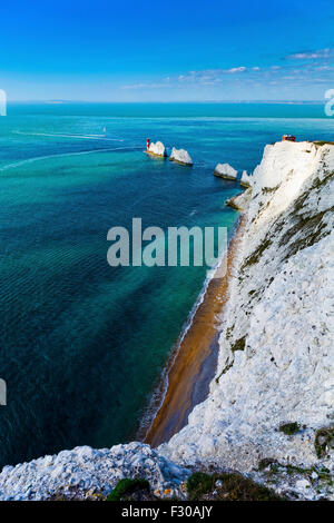 The most famous landmark of the Isle of Wight – three chalk stacks rising out of the sea next to Alum Bay landmark attraction Stock Photo