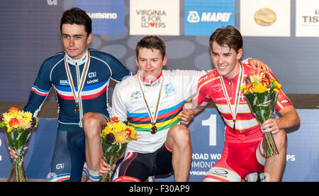 Richmond, Virginia, USA. 26th Sep, 2015. The Junior Men's podium with from left, Clement Betouight-Suire, Felix Gall and Rasmus Pederson after the Men's Junior road race Saturday September 26, 2015 at the UCI Road World Cycling Championships in Richmond, Virginia, United States. Credit:  Sean Meyers/ZUMA Wire/Alamy Live News Stock Photo