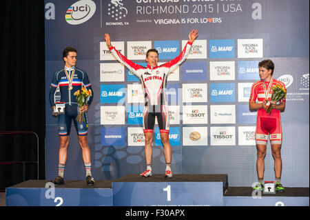 Richmond, Virginia, USA. 26th Sep, 2015. The Junior Men's podium with from left, Clement Betouight-Suire, Felix Gall and Rasmus Pederson after the Men's Junior road race Saturday September 26, 2015 at the UCI Road World Cycling Championships in Richmond, Virginia, United States. Credit:  Sean Meyers/ZUMA Wire/Alamy Live News Stock Photo