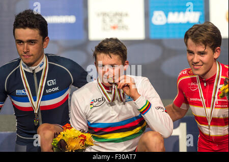 Richmond, Virginia, USA. 26th Sep, 2015. The Junior Men's podium with from left, Clement Betouight-Suire, Felix Gall and Rasmus Pederson after the Men's Junior road race Saturday September 26, 2015 at the UCI Road World Cycling Championships in Richmond, Virginia, United States. Credit:  Sean Meyers/ZUMA Wire/Alamy Live News Stock Photo