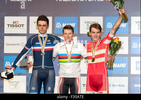 Richmond, Virginia, USA. 26th Sep, 2015. The Junior Men's podium with from left, Clement Betouight-Suire, Felix Gall and Rasmus Pederson after the Men's Junior road race Saturday September 26, 2015 at the UCI Road World Cycling Championships in Richmond, Virginia, United States. Credit:  Sean Meyers/ZUMA Wire/Alamy Live News Stock Photo