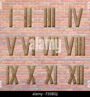 roman numerals set on red brick wall background Stock Photo