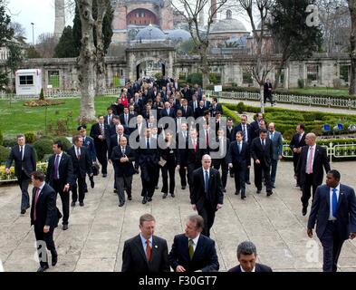 U.S. President Barack Obama walks with Turkish Prime Minister Recep Tayyip Erdogan from Hagia Sofia to the Blue Mosque April 7, 2009 in Istanbul, Turkey. Stock Photo