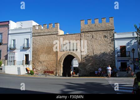 View of the Puerta de Jerez town gate, Tarifa, Costa de la Luz; Cadiz Province, Andalusia, Spain, Western Europe. Stock Photo