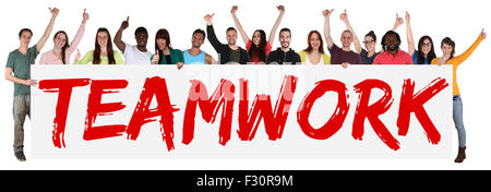 Teamwork team group of young multi ethnic people holding banner isolated Stock Photo
