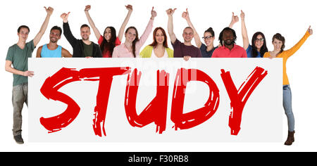 Study sign group of young students multi ethnic people holding banner isolated Stock Photo