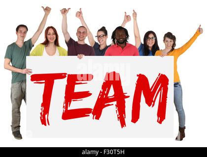 Team group of young multi ethnic people holding banner isolated Stock Photo