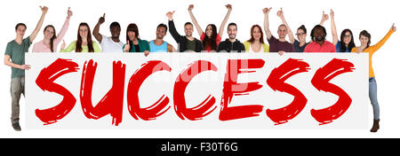 Success successful group of young multi ethnic people holding banner isolated Stock Photo