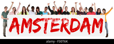 Amsterdam group of young multi ethnic people holding banner isolated Stock Photo