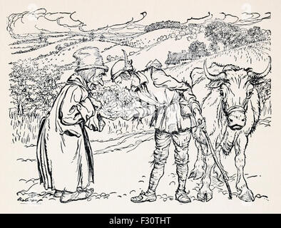 Jack barters Milky-White the cow for five magic beans from 'Jack and the Beanstalk' in 'English Fairy Tales', illustration by Arthur Rackham (1867-1939). See description for more information.