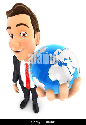 3d businessman holds blue earth, isolated white background Stock Photo