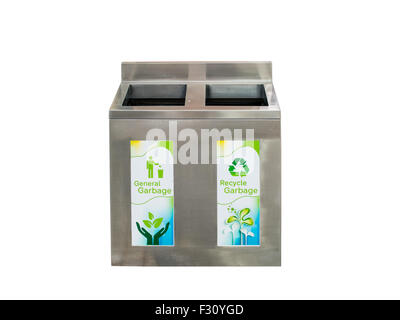 Metal bin with general and recycle garbage slot on white background with clipping path Stock Photo