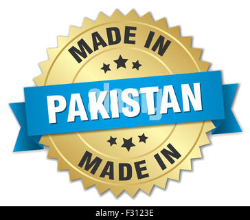 made in Pakistan gold badge with blue ribbon Stock Photo