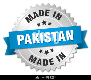 made in Pakistan silver badge with blue ribbon Stock Photo