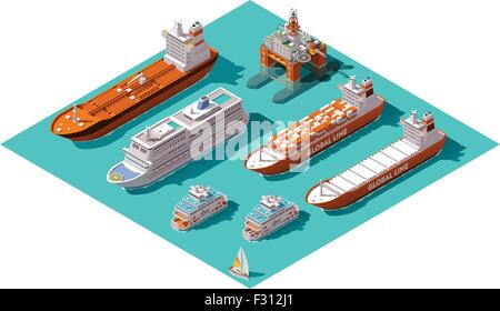 Vector isometric ships and oil rig Stock Vector