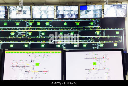 Control room for the subways of Sofia, Bulgaria. Traffic maps and video monitoring surveillance system. Stock Photo