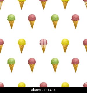 Strawberry, lemon and pistachios ice cream cone isolated on white seamless pattern Stock Vector