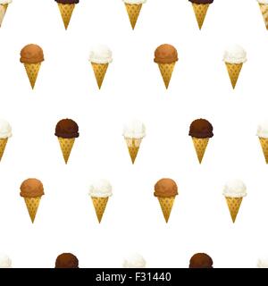 Vanilla, chocolate and caramel ice cream cone isolated on white seamless pattern Stock Vector