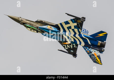 Greek General Dynamics F-16 fighter jet plane flying display aircraft with special paint scheme and known as 'Zeus'. Hellenic Air Force HAF display Stock Photo
