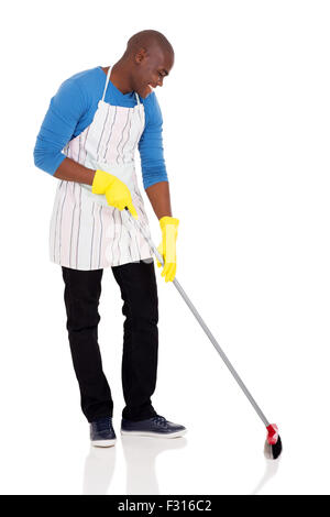 handsome African American man sweeping on white background Stock Photo