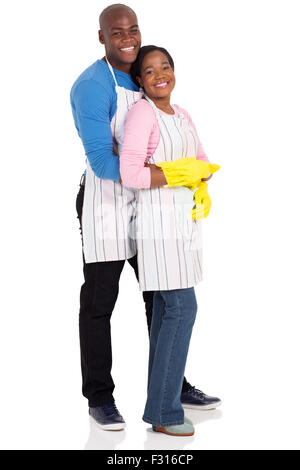 portrait of young afro American couple wearing cleaning gloves isolated on white Stock Photo