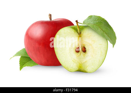 Red and grean apples with leaves isolated on white Stock Photo