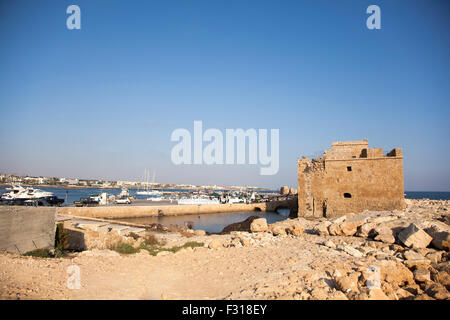 Paphos City, Cyprus - JULY 16, 2015: The harbour and Paphos medieval fort in the afternoon Stock Photo