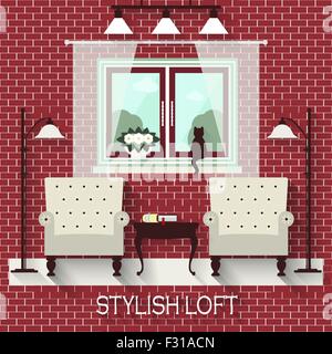 Stylish loft with two armchairs, lamps and a window. Seamless br Stock Vector