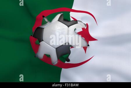 Flag of Algeria and soccer ball, hole in flag Stock Photo