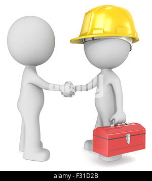Dude 3D characters X2 shaking hands with constructor. Stock Photo