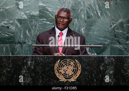 New York, USA. 27th Sep, 2015. Solomon Islands' Prime Minister Manasseh Sogavare speaks at the Sustainable Development Summit at United Nations headquarters in New York on Sept. 27, 2015. Credit:  Li Muzi/Xinhua/Alamy Live News Stock Photo