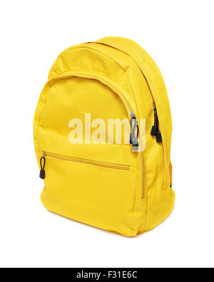 yellow backpack on white background Stock Photo