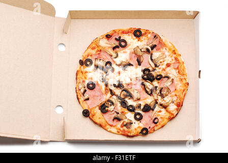 pizza in box on white Stock Photo