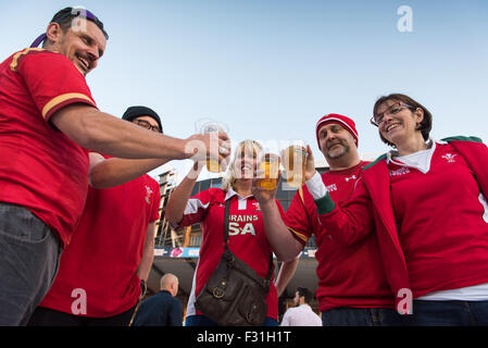 Welsh rugby fans celebrate with pints of beer Stock Photo