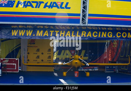 Texas Motor Speedway. 27th Sep, 2015. Red Bull Air Race Pilot Matt Hall with the MXS-R Aircraft at Texas Motor Speedway. Fort Worth, TX. Mario Cantu/CSM/Alamy Live News Stock Photo