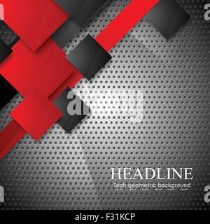 Red and black squares on metallic perforated texture background. Vector steel design Stock Vector