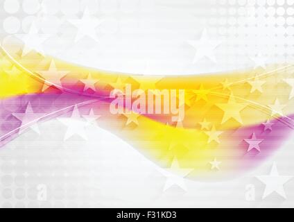 Yellow purple smooth waves and stars. Bright abstract vector background Stock Vector
