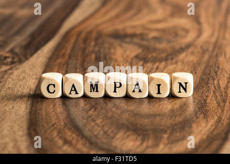 CAMPAIGN word background on wood blocks Stock Photo