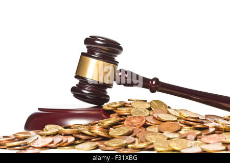 judge gavel and euro coin on white background Stock Photo