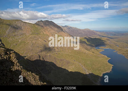 A view in the Snowdonia National Park in North Wales, with Crib Goch and Llyn Llydaw. Looking from Y Lliwedd. Stock Photo