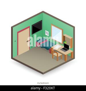 isolated, isometric bedroom with decorative objects and flat style icons. vector interior design Stock Vector
