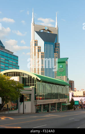 A view from Broadway of the AT&T Building and Nashville Convention Center in downtown Nashville, Tennessee. Stock Photo