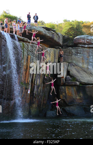 Cliff jumping in swimming hole near Bethel, Maine Stock ...