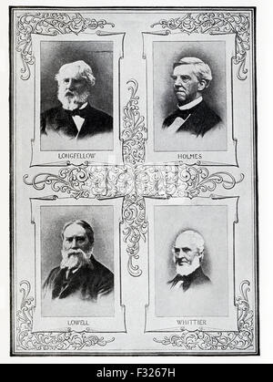 The American authors pictured here are from left to right, top to bottom: Henry Wadsworth Longfellow (1807-1882), Oliver Wendell Holmes (1809-1894), James Russell Lowell 1819-1891), John Greenleaf Whittier (1807-1892). Stock Photo