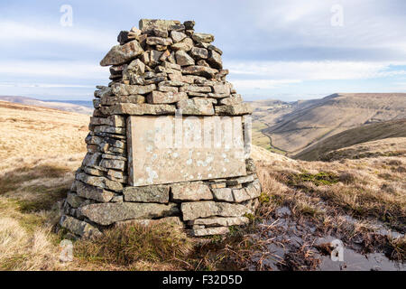 Memorial cairn with a plaque and inscription on moorland, Colborne Moor, Derbyshire, Peak District, England, UK. Stock Photo