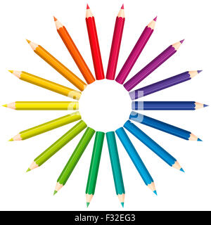 Colored pencils that form a rainbow colored color fan circle. Stock Photo