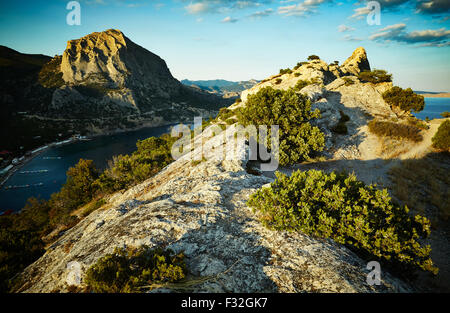 Mountains and sea at sunset. Crimea landscape. Nature background Stock Photo