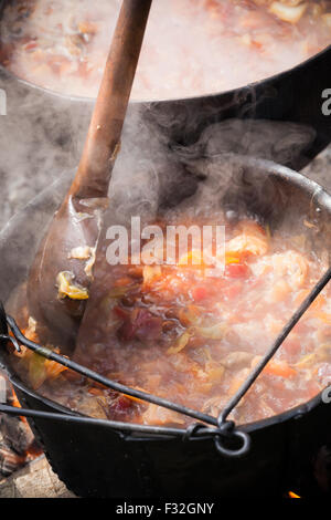 Soup cooking in medieval pot Stock Photo